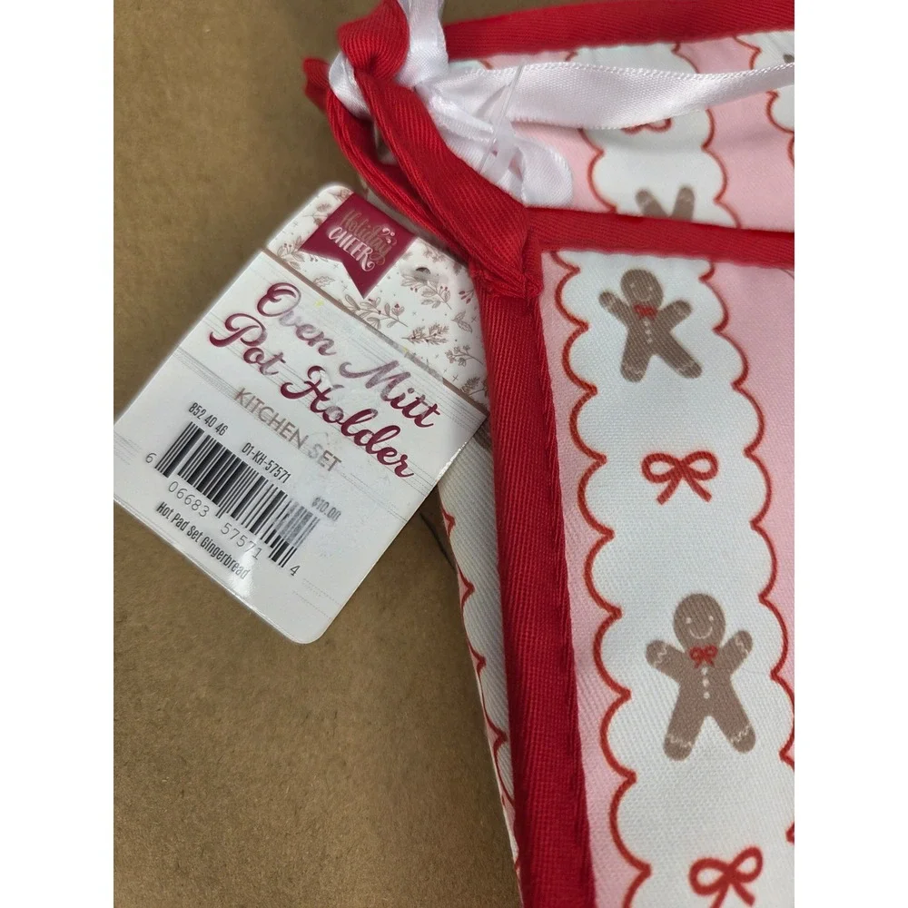 Pink Gingerbread Man Oven Mitt and Pot Holder Set Christmas Kitchen
